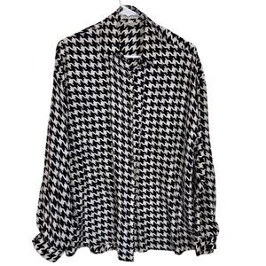 Vintage 100% Silk Express Houndstooth Print Button Down Shirt Oversized 90's M
